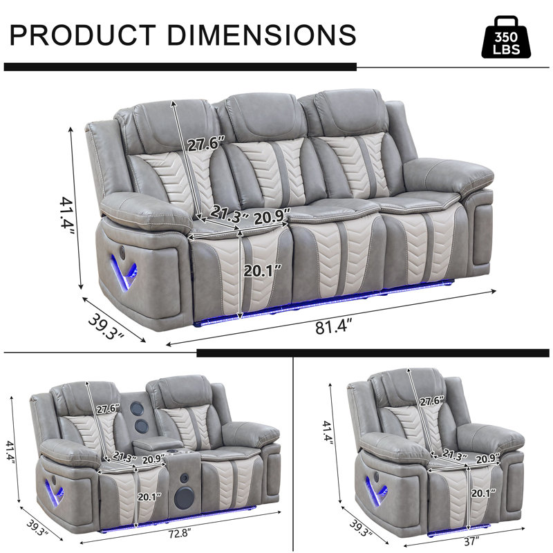 Canapé inclinable électrique avec porte-gobelet et recharge USB, Grey Fabric