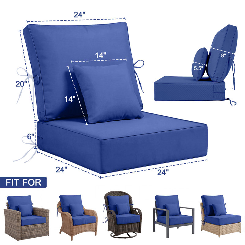 Outdoor Chair Cushions 24 x 24  x 6  Inch, Outdoor Replacement Cushion Set, Back & Seat Patio Cushions for Outdoor Furniture,  Weather Resistant Patio Chair Cushions with Removable Cover and Straps, Navy Blue
