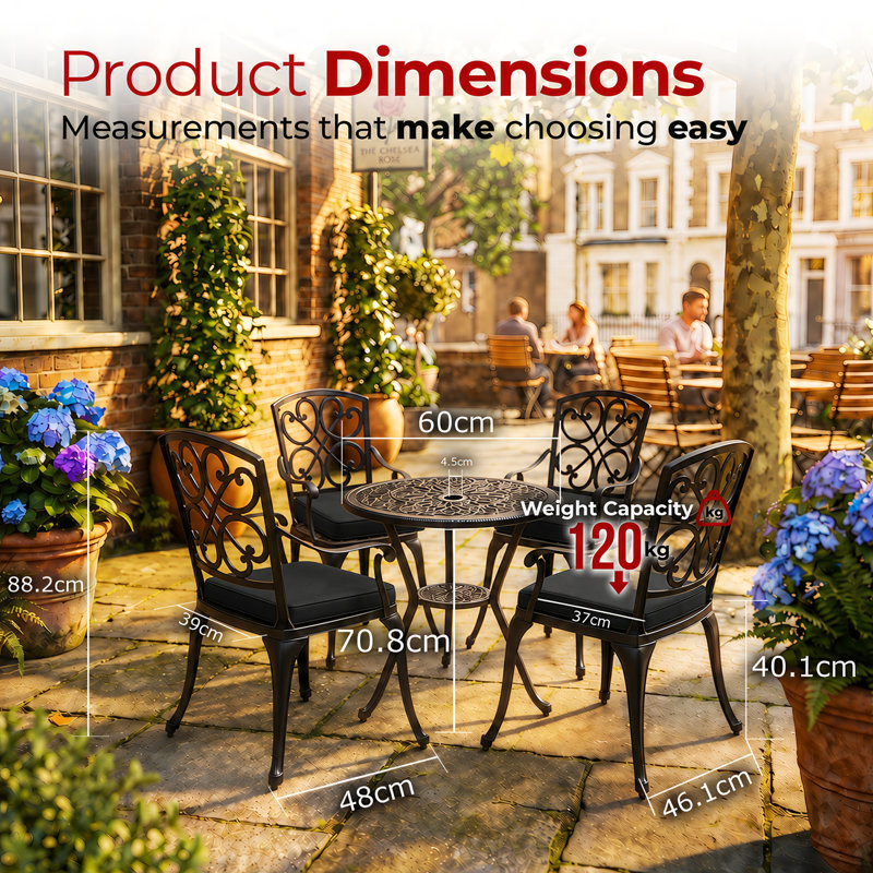 Patio Dining Set Table,, Black Cushions
