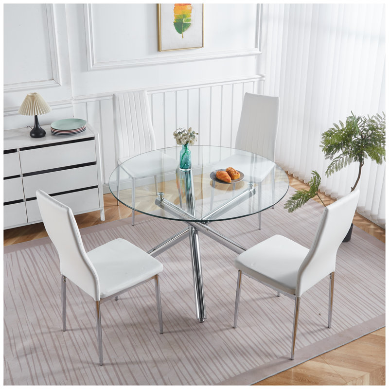 Table de salle à manger carrée moderne en verre avec pattes en métal chromé pour cuisine ou salon
