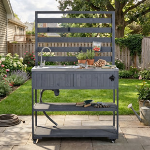 Îlot de cuisine extérieur 41,7 po avec évier, station de préparation pour barbecue en bois massif avec couvercle en acier inoxydable et ouvre-bouteille