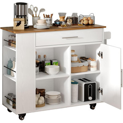 Kitchen Island Cart On Wheels With Storage, Kitchen Island With Spice Rack & Towel Rack, Rolling Kitchen Island With Open Shelves, Portable Island With Drawer