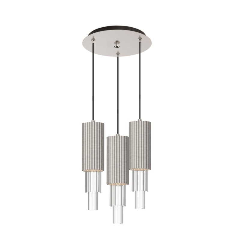 Luminaire suspendu multicolore 3 lumières Dante, Trois lumières, 32 W, Nickel brossé / verre strié transparent