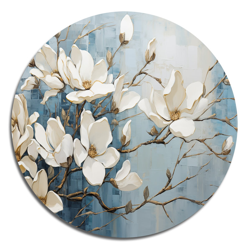 Bleu et bleu peint Magnolias VI - Art floral rond en métal, H 36 po x l 36 po