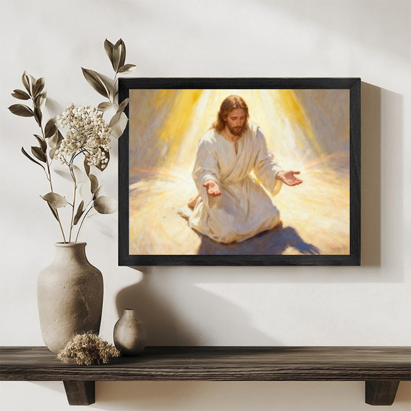 Reproduction encadrée noire de Jésus priant pour les maisons religieuses, H 13 po x l 17 po