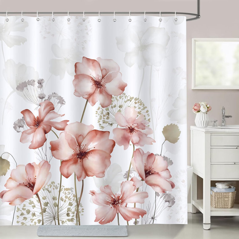 Watercolour Floral Polyester Shower Curtain, Pink