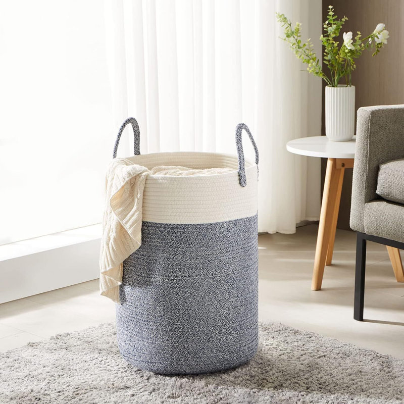 Panier à linge tissé avec poignées, Gris / blanc, H 20 po x l 15 po x P 15 po