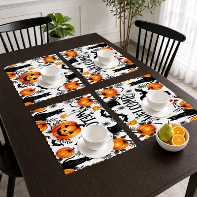 Halloween Placemats Set of 4 - Heat-Resistant Table Mats, for Indoor & Outdoor Dining,Orange Black Welcome Cats