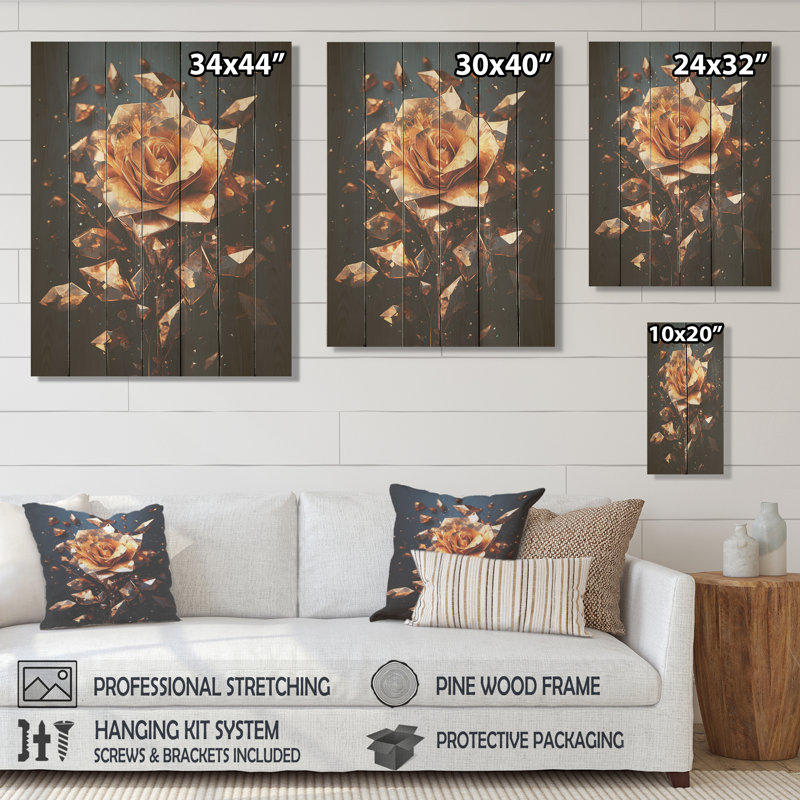 Or doré et fleurs de rose noire III - rose sur bois, H 44 po x l 34 po