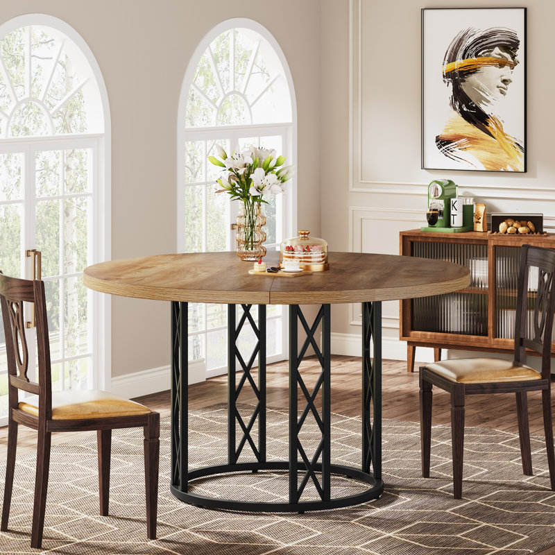 Round Unfinished Metal Base Dining Table, Light Brown