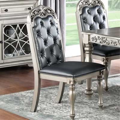 Silver Pu Upholstered Dining Chairs  2 Pieces  - Intricate Carvings, Back For A Cozy Experience, Of 2 In Structure, Details, Enjoyment