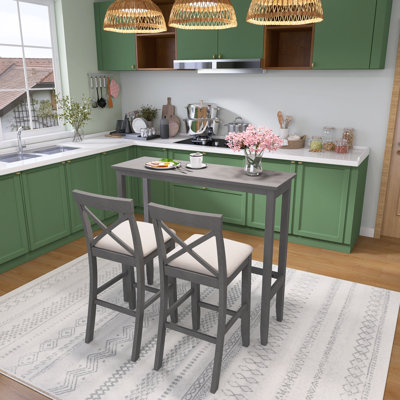 3-Piece Farmhouse 48" Rectangular Bar Height Dining Set Kitchen Breakfast Nook, Gray Acacia Wood Dining Set With 2 Upholstered Chairs For Small Places, Kitchen, Dining Room