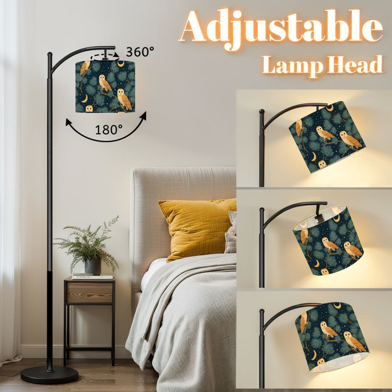 Arc Floor Lamp with Adjustable Lampshade Barn Owl Perched Pine Branches Against Standing Lamp 3 Color Temperatures Dimmable Tall Pole Lamp with Foot Switch for Bedroom