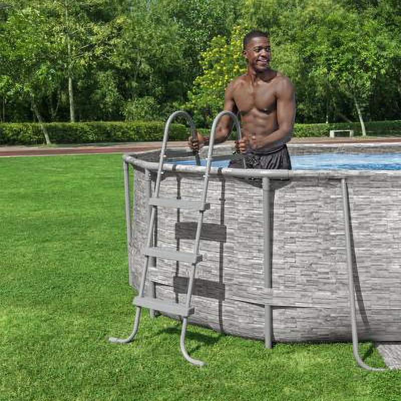 Bestway Power Steel Swim Vista Above Ground Outdoor Swimming Pool Set with Filter Pump, Ladder, and Pool Cover, Gray