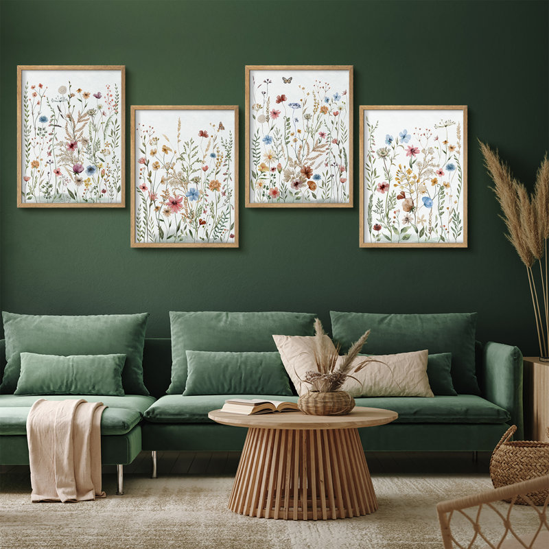 Ensemble de 4 reproductions d'art encadrées délicates fleurs sauvages pré, H 16 po x l 12 po, Naturel