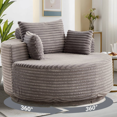  55" Oversized 360 Degree Round Swivel Accent Chair, Upholstered Corduroy Cloud Circle Barrel Chair in Grey