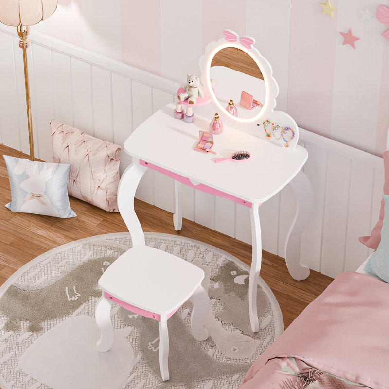 Ensemble de coiffeuse pour enfants avec miroir lumineux et tabouret, Blanc