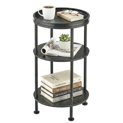 Petite table d'appoint ronde avec plateau, table de bout noire à 3 niveaux pour le salon et la chambre à coucher, table de chevet moderne en métal avec tablette de rangement, table d'appoint étroite de 11,8 po pour les petits espaces, balcon, noir