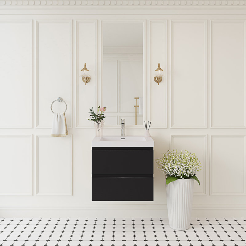 Meuble-lavabo flottant avec lavabo, meuble-lavabo mural moderne avec lavabo en résine, Noir