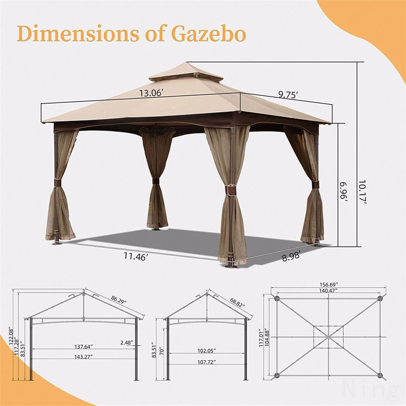 10X13FT Gazebo Metal, Mosquito Net For Outdoor Use With Double Roof (Khaki), Beige, 120" H x 156" W x 120" D