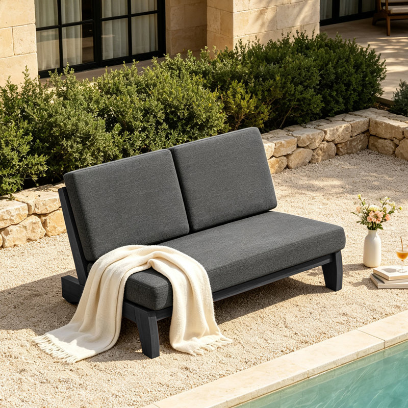 Causeuse d'extérieur avec coussins 43,9 po Polett, Noir, Gris foncé