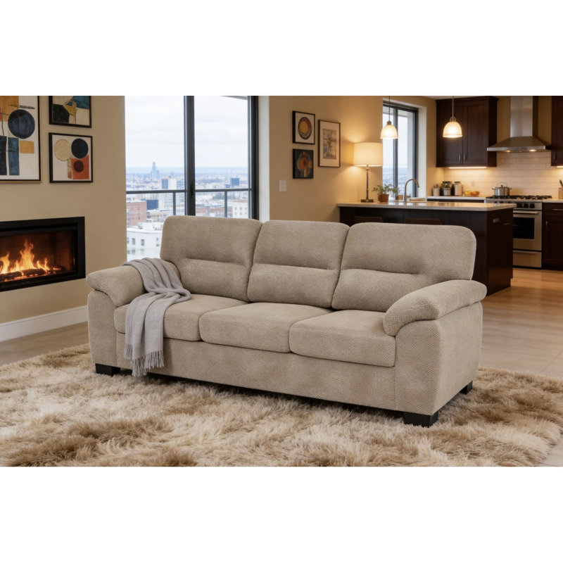 3-Seater Sofa, Camel Upholstered Couch, Modern Living Room Furniture, Textured Fabric Sofa, Minimalist Settee, Comfortable Armchair, Sturdy Frame Sofa