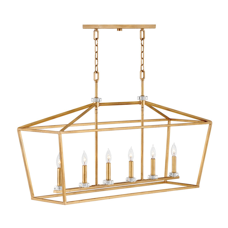 Luminaire suspendu linéaire à 6 lumières pour îlot de cuisine avec détails en cristal Stinson, Laiton vieilli, Laiton vieilli