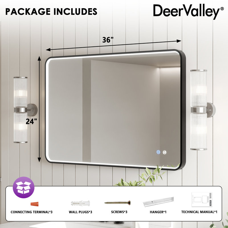 36'' W x 24'' H Smart Anti-Fog Bathroom Mirror with Side Lighting, Tri-Color Dimmable LED & Memory Function, IP44 Waterproof, Black Frame