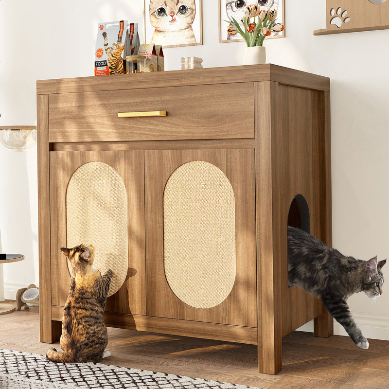 Wooden Accent Cabinet, Cat Litter Box Enclosure, Hidden Cat Litter Box Furniture With Scratching Board Doors And Storage Drawer