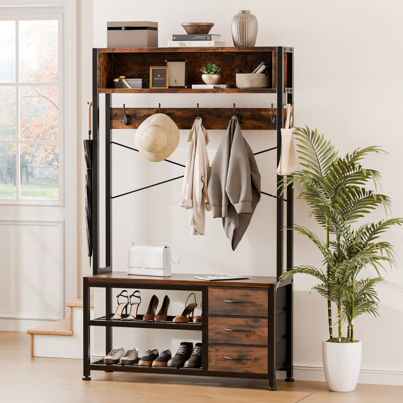 Gerzik 5 in 1 Hall Tree with Bench and Shoe Storage, Entryway Bench with 7 Coat Hooks 3 Drawers and Top Storage Shelf, for Hallway Living Room