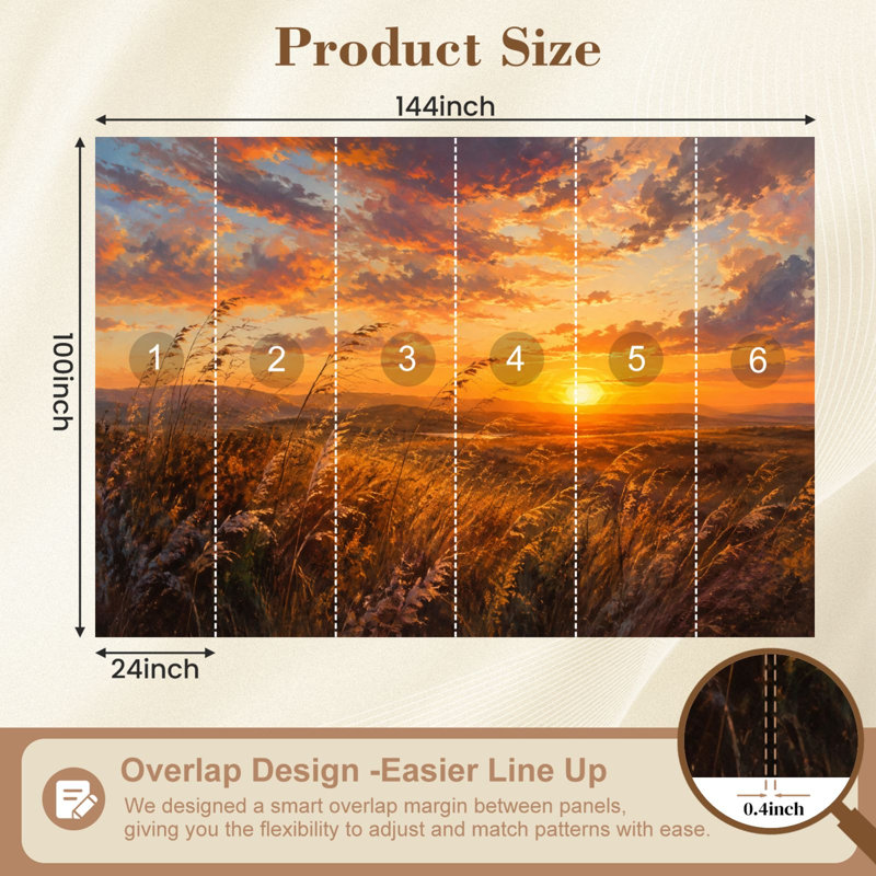 Papier peint mural autocollant représentant un coucher de soleil doré, des silhouettes d'herbes sauvages et un ciel nuageux. Décoration murale moderne pour chambre ou salon. Dimensions : 254 cm (L) x 366 cm (l).
