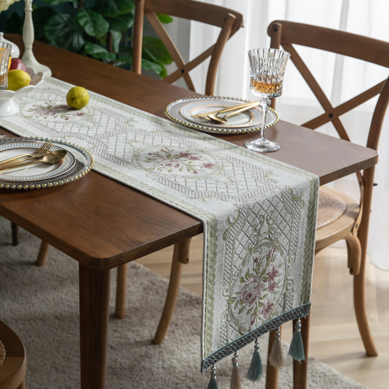 Modern Floral Print Table Runner With Tassel, 86" L x 13" D, Beige