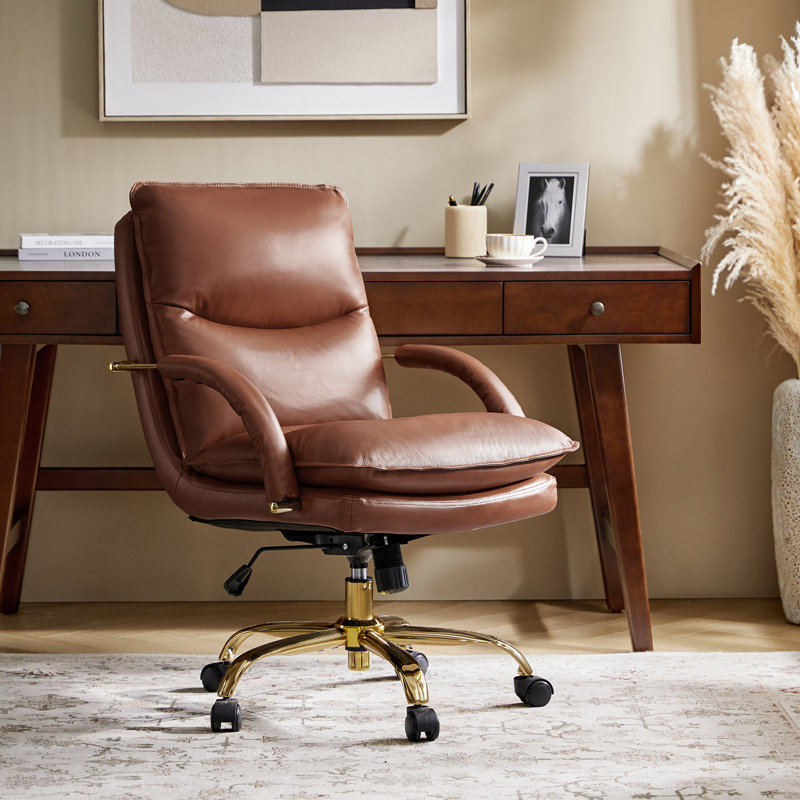 23.75" W Genuine Leather Upholstered Swivel Office Chair, Brown