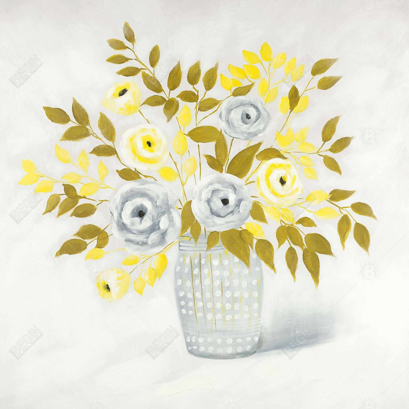 Vase fleurs bleues et jaunes | Toile grise décorative encadrée, H 25,25 po x l 25,25 po