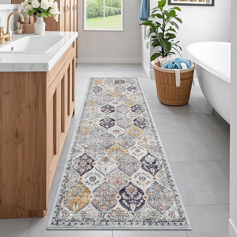 Trellis Washable Runner Rug 2x6 Non-Slip Vintage Distressed Laundry Room Rug, Thin Stain-Resistant Long Carpet, Foldable, Multi