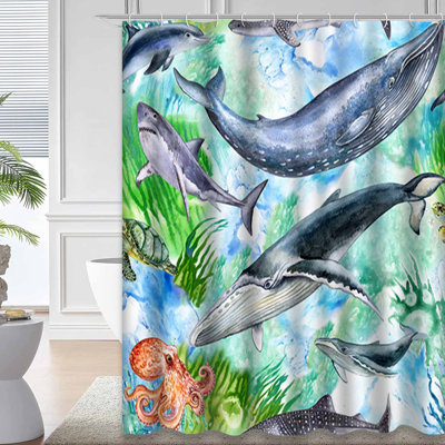 Sea Ocean Watercolor Wallpaper Seamless Abstraction Anchor Animal Aqua Park Shower Curtain with 12 Hooks
