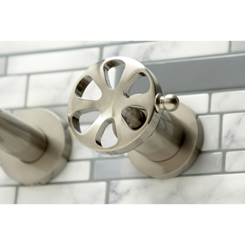 Kingston Brass Manhattan Two-Handle 3-Hole Wall Mount Roman Tub Faucet, Brushed Nickel, Wheel