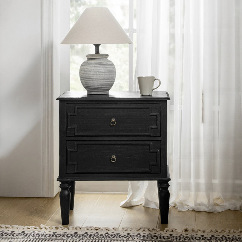 Timar 2- Drawer Solid Wood Nightstand with Built-In Outlets and USB, Charcoal