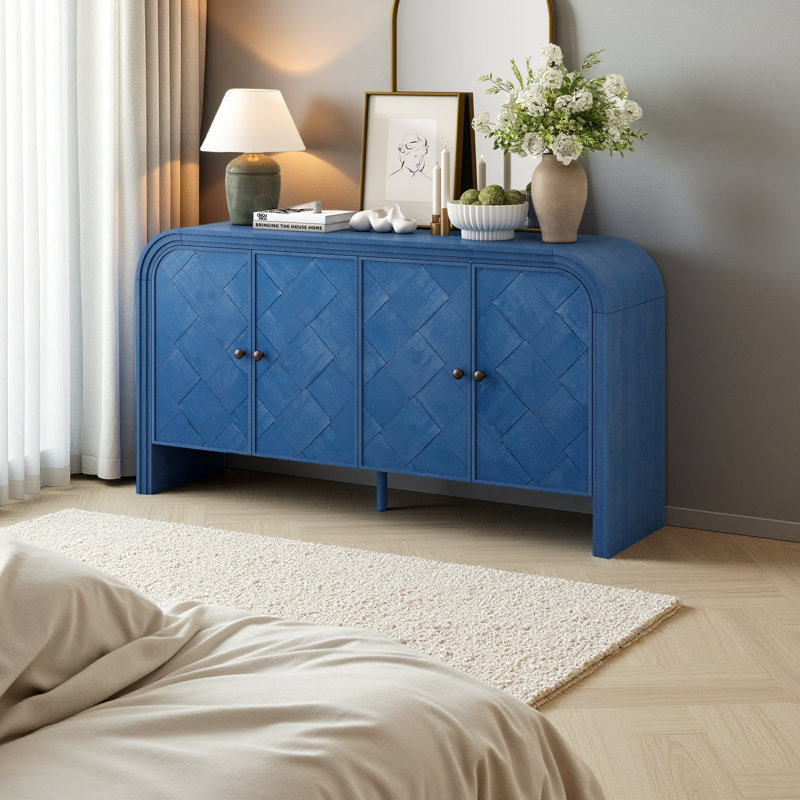 Buffet luxueux en panneau de fibres à densité moyenne - Portes en lattes de bois tissées à la main, Bleu