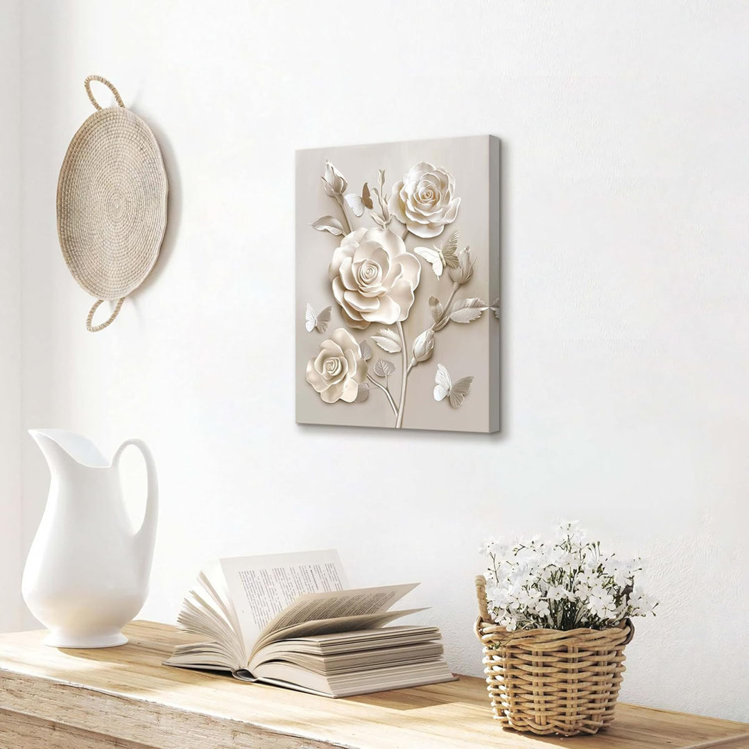 Beige Flora Canvas Wall Art Neutral Roses Butterflies Wall Print Poster Modern Botanical Minimalist Blossom Painting Picture Elegant Flower Artwork Fo
