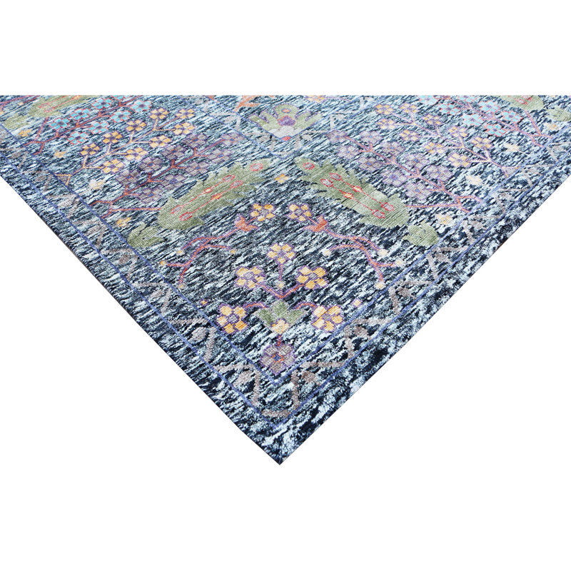 Hand Knotted Oriental Area Rug in Black/Green/Orange/Blue, Rectangle 9' x 12'