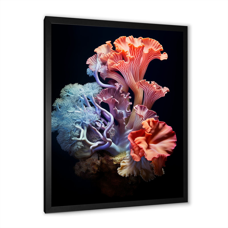 Anémone colorée, récif I - salon d'art mural plage et océan, Cadre simple noir, H 32 po x l 16 po x P 1 po