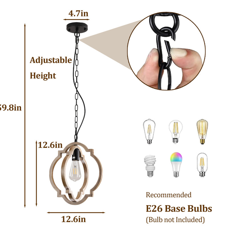 Lampe en bois massif pour salon, entrée et salle à manger. Cordon ajustable, éclairage fonctionnel à intensité variable vers le bas, compatible avec les plafonds inclinés, nécessite une ampoule E26 de 60 W, matériel de montage inclus. Variateur rétro inclus.