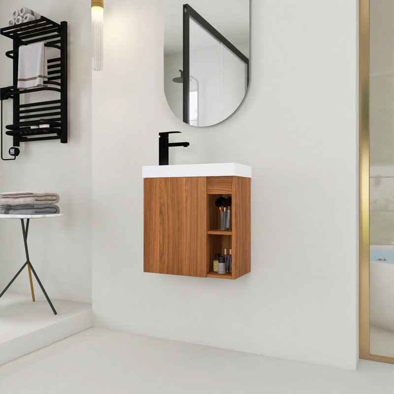 Meuble-lavabo simple 19,74 po avec plateau en résine Annaghmore, Noyer, Blanc lustré
