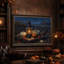 Toile d'Halloween lanterne rougeoyante et citrouilles près d'une grange la nuit-2127173414