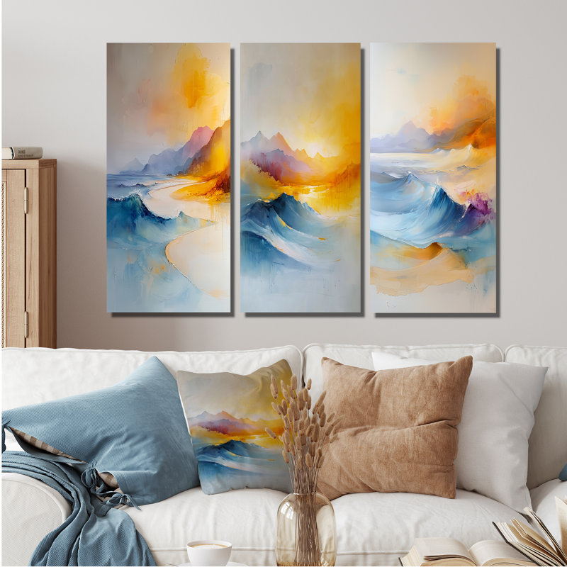 «Oceanic Waves On Minimalisme Coastal Scenery I - Desert», reproduction d'art sur toile 3 pièces, H 28 po x l 36 po