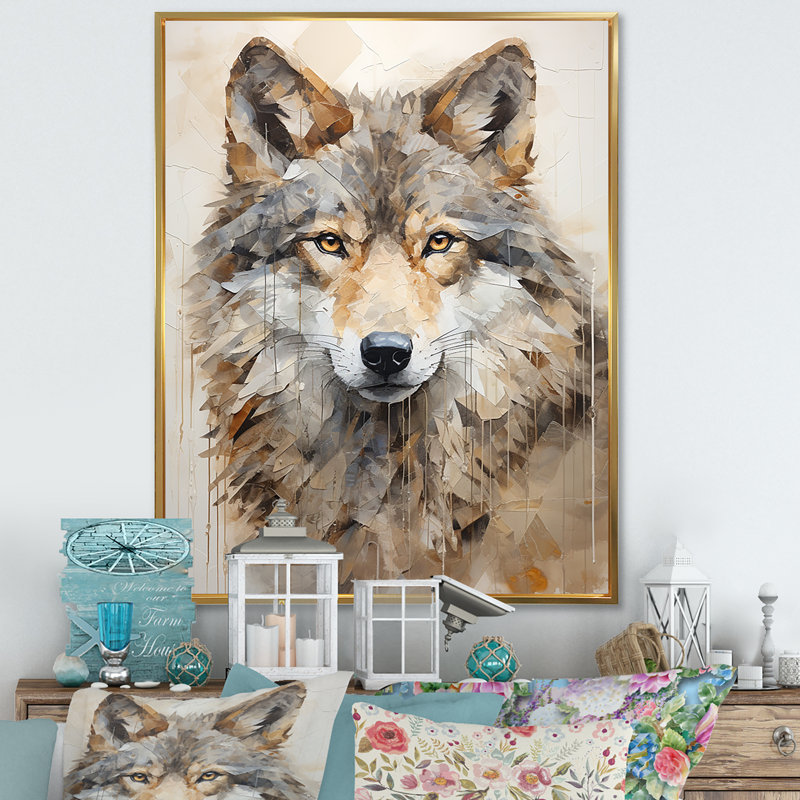 Minimalisme beige loup expression II, reproduction sur toile, Cadre flottant doré, H 40 po x l 30 po x P 1,5 po