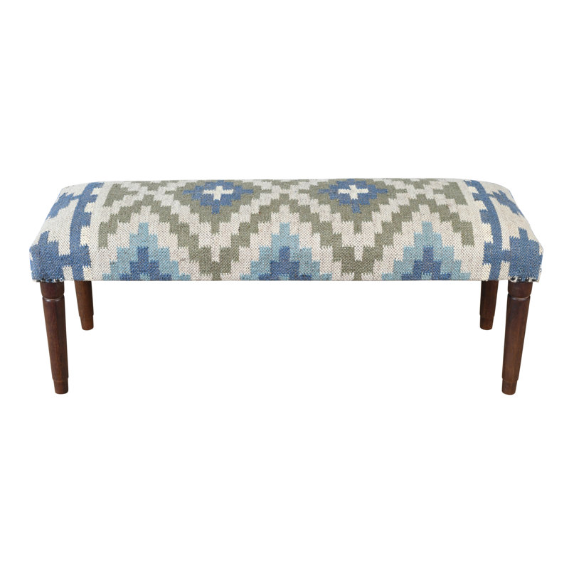 Sage Green / Blue Handmade Southwestern Jute & Wool Upholstered Entryway Bench
