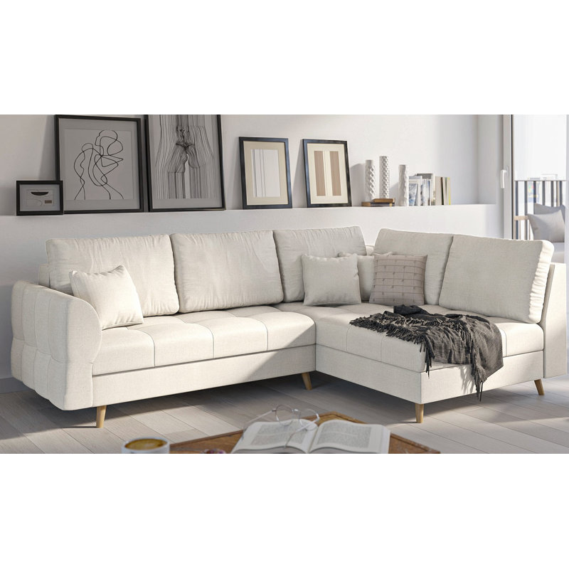 Corner Sofa with Wooden Legs In Scandinavian Style Knutsford, Ecru, Right Hand Facing