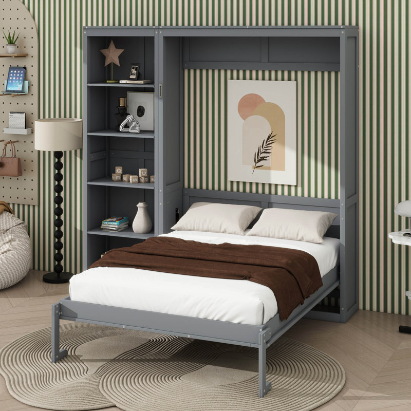 Queen Size Space-Saving Hidden Bed With Storage, Gray